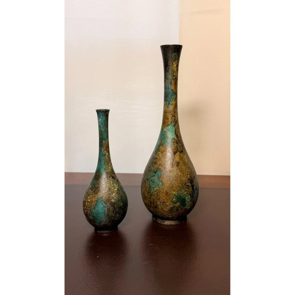 Vintage Japanese Style Patinated Bronze Solifleur Bud Vase Set Verdigris MCM